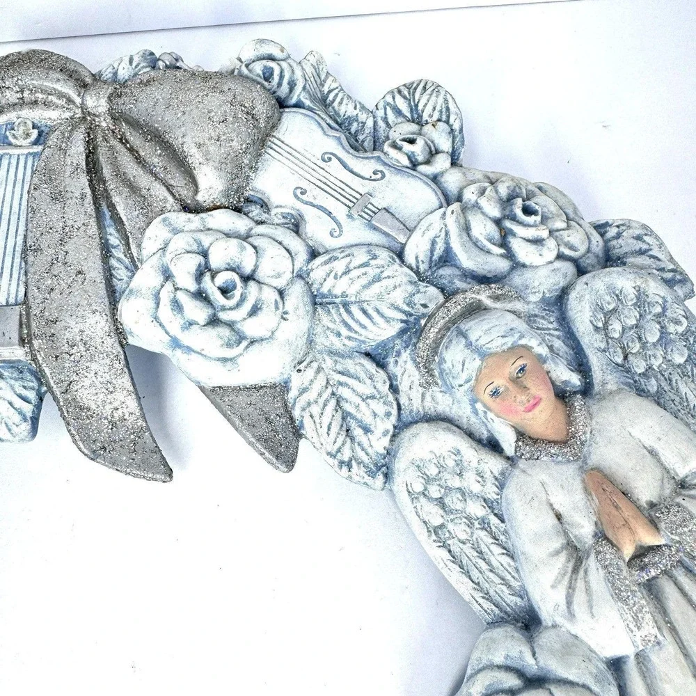 Large Praying Angel‎ Wreath Wall Decor Religious Roses Harp Blue Resin 15 Inch